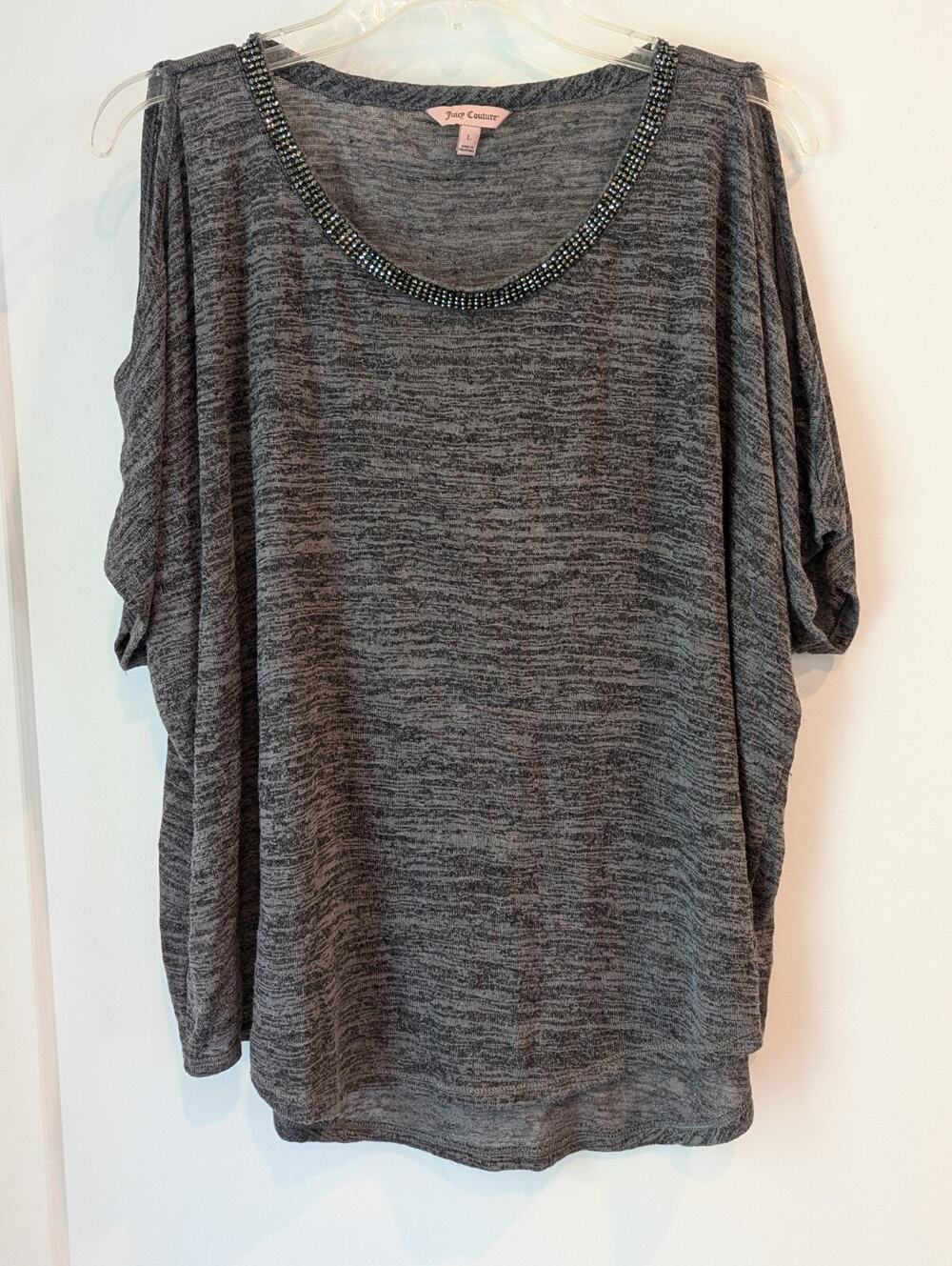 Vtg Juicy Couture Ladies Large Gray Tunic Rhinestone Neckline Open Shoulder Y2K